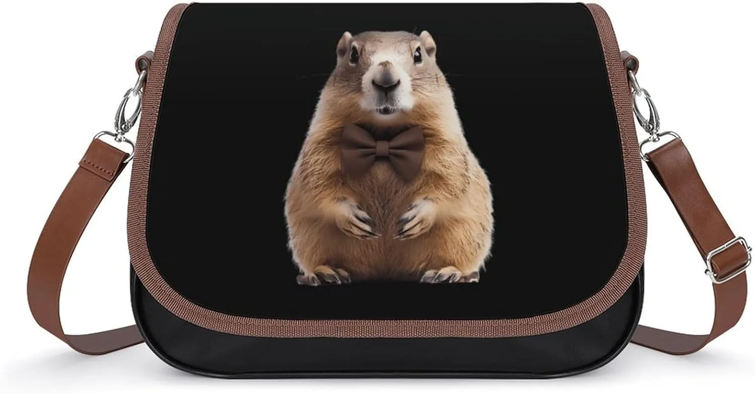Cute Groundhog with Bowtie Fashion Crossbody Bags for Women Lightweight Shoulder Handbags Travel Purse with Strap Custom Gifts