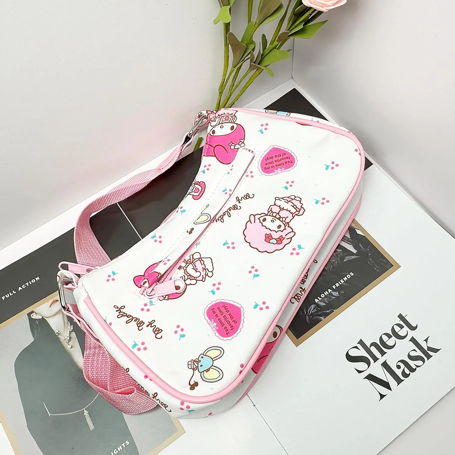 Cute Kitty Friends Shoulder Bags for Women, PU Tote Handbag with Zipper Closure Mini Clutch Shoulder Purse, Underarm Wallet