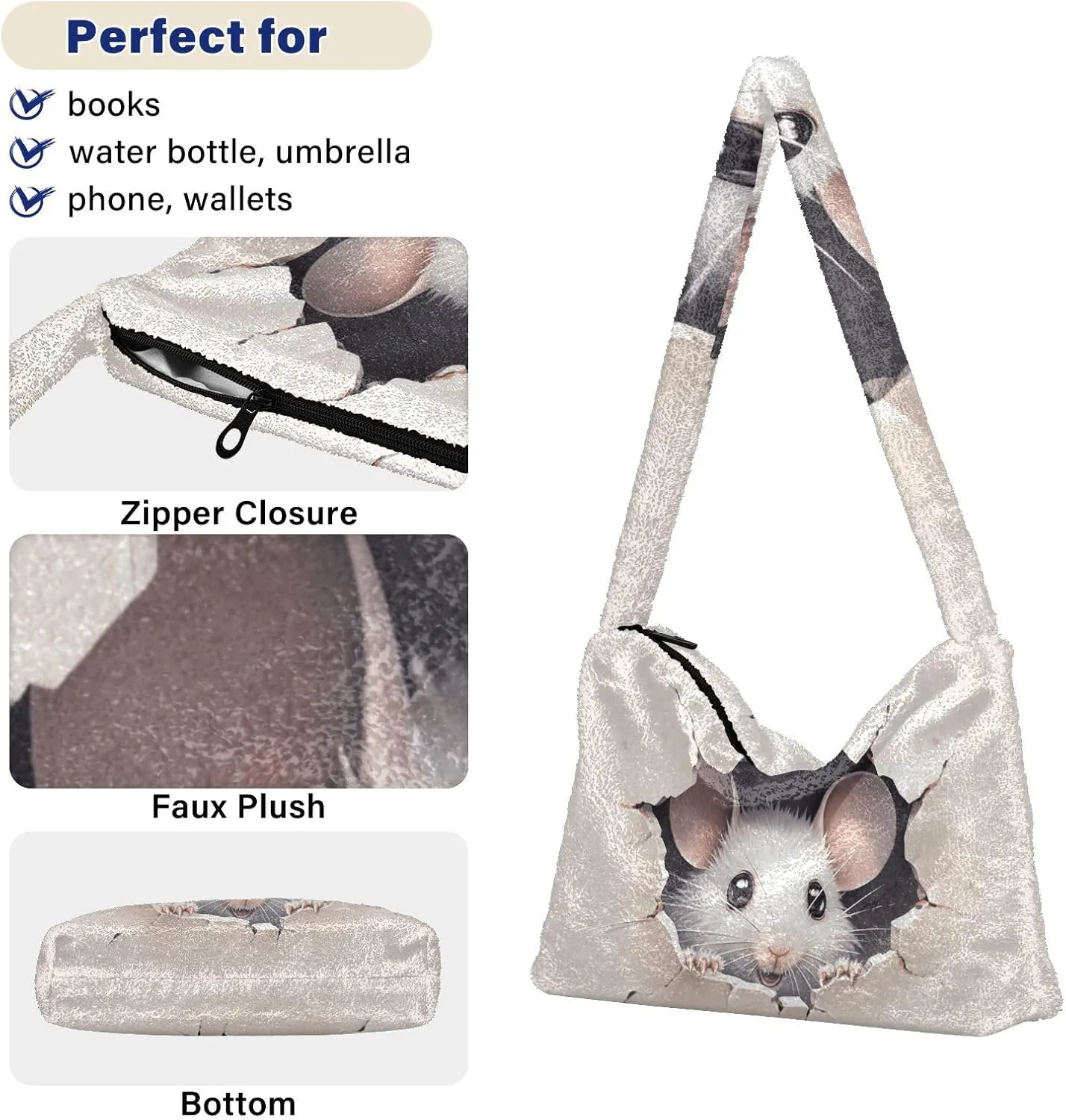 Cute Mouse Broken Wall Shoulder Bag, Plush Tote Bag Women, Womens Outdoor Bag