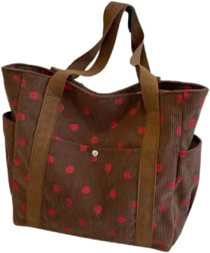 Cute Tote Bag for Women, Strawberry Purse Aesthetic Corduroy Hobo Bag Large Capacity Shopping Work Bag Handbags