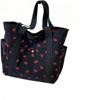 Cute Tote Bag for Women, Strawberry Purse Aesthetic Corduroy Hobo Bag Large Capacity Shopping Work Bag Handbags
