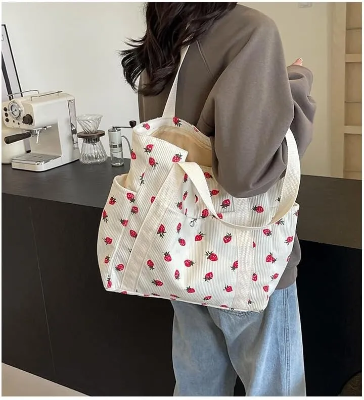Cute Tote Bag for Women, Strawberry Purse Aesthetic Corduroy Hobo Bag Large Capacity Shopping Work Bag Handbags