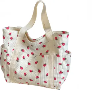 Cute Tote Bag for Women, Strawberry Purse Aesthetic Corduroy Hobo Bag Large Capacity Shopping Work Bag Handbags