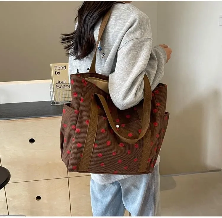 Cute Tote Bag for Women, Strawberry Purse Aesthetic Corduroy Hobo Bag Large Capacity Shopping Work Bag Handbags