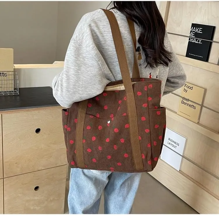 Cute Tote Bag for Women, Strawberry Purse Aesthetic Corduroy Hobo Bag Large Capacity Shopping Work Bag Handbags