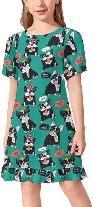 Dog French Bulldog Happy Animals Girls' Short Sleeve Summer Dress Kids Crewneck Loose Casual Dresses 140CM
