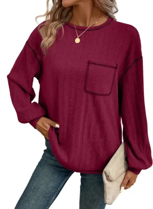 Dokotoo Long Sleeve Shirts for Women 2025 Casual Solid Crewneck Knitted Loose Fit Pullover Shirts Tops