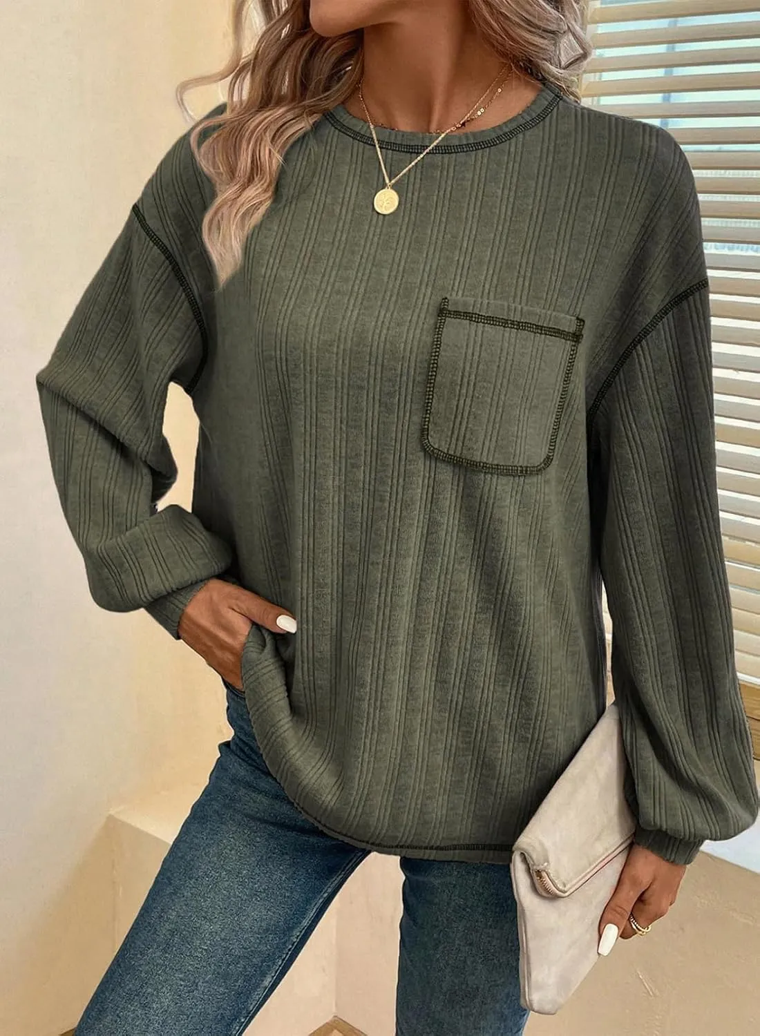 Dokotoo Long Sleeve Shirts for Women 2025 Casual Solid Crewneck Knitted Loose Fit Pullover Shirts Tops