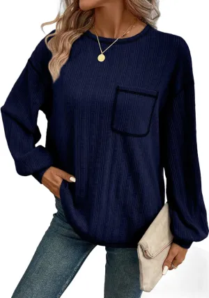 Dokotoo Long Sleeve Shirts for Women 2025 Casual Solid Crewneck Knitted Loose Fit Pullover Shirts Tops