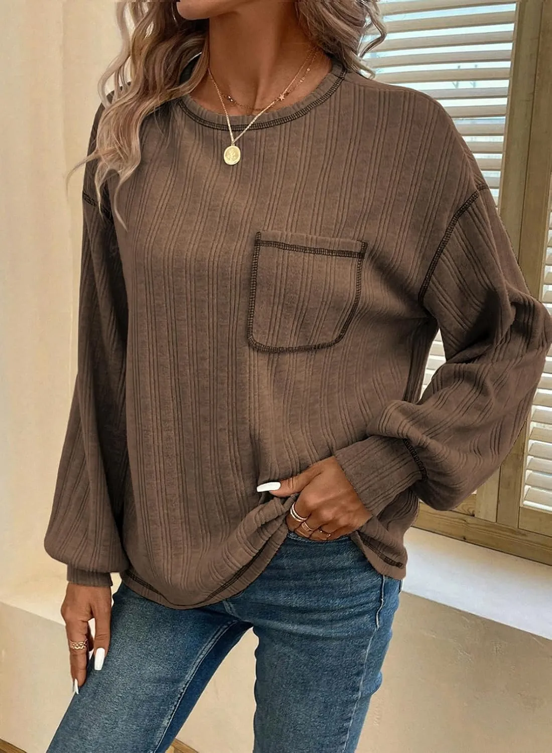 Dokotoo Long Sleeve Shirts for Women 2025 Casual Solid Crewneck Knitted Loose Fit Pullover Shirts Tops