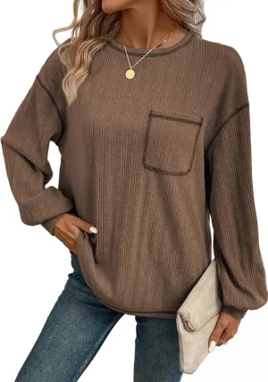 Dokotoo Long Sleeve Shirts for Women 2025 Casual Solid Crewneck Knitted Loose Fit Pullover Shirts Tops