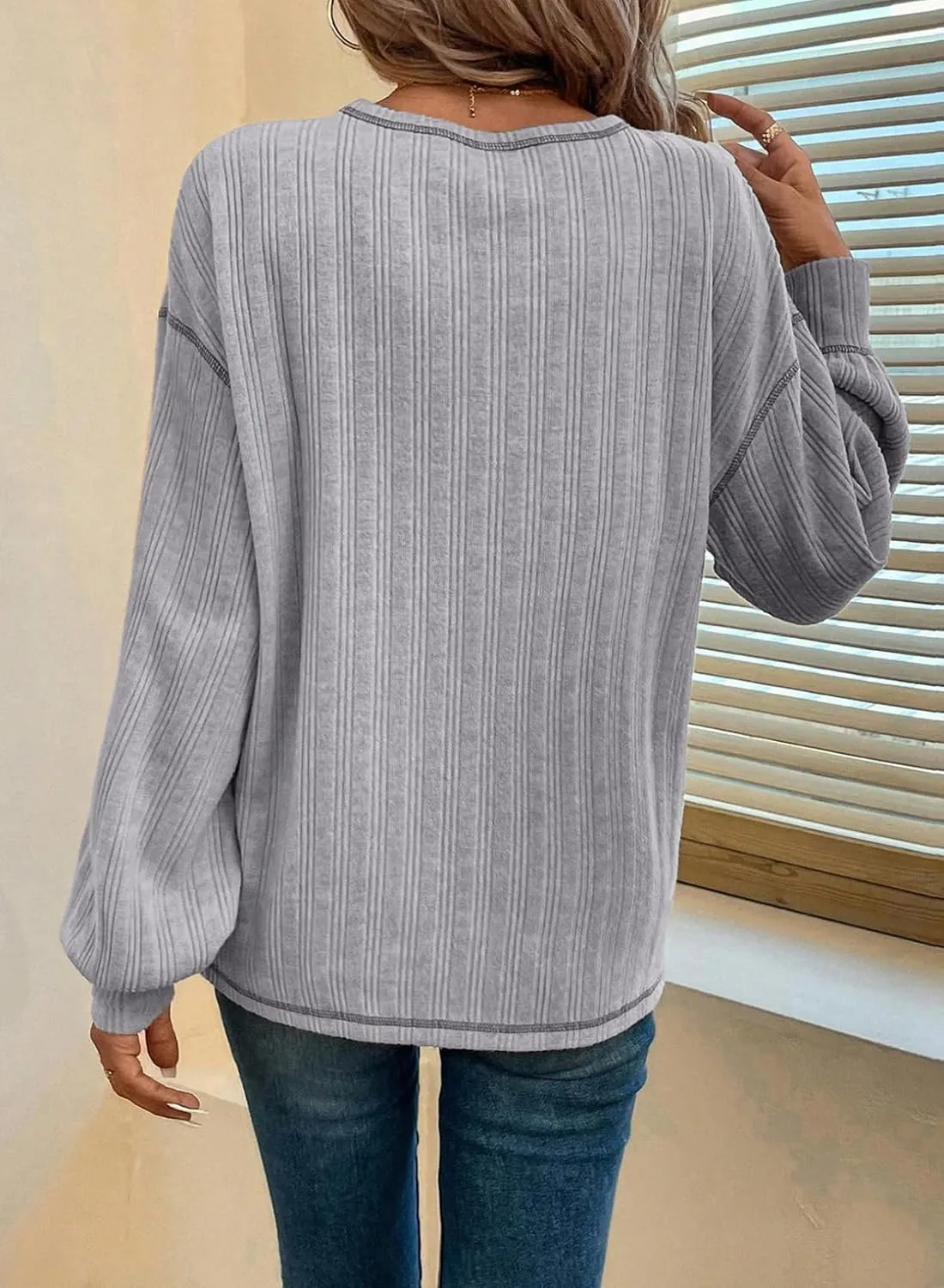 Dokotoo Long Sleeve Shirts for Women 2025 Casual Solid Crewneck Knitted Loose Fit Pullover Shirts Tops