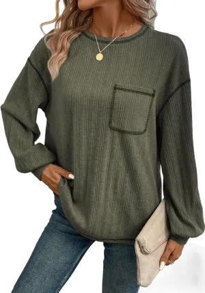 Dokotoo Long Sleeve Shirts for Women 2025 Casual Solid Crewneck Knitted Loose Fit Pullover Shirts Tops