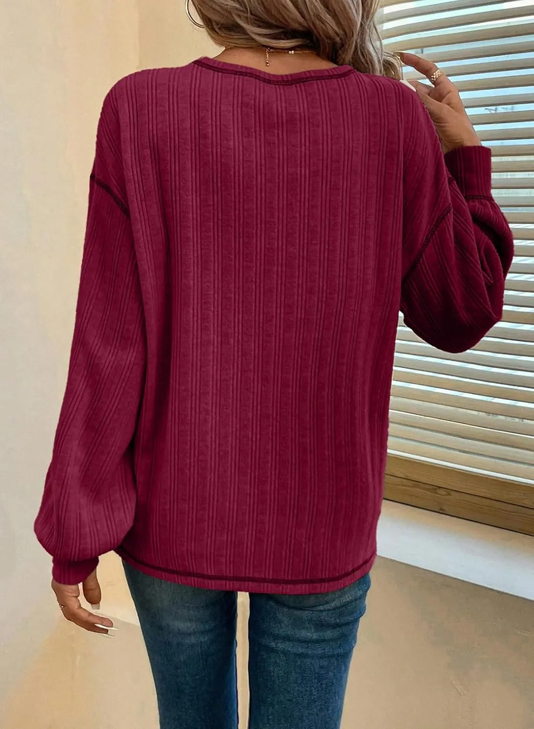 Dokotoo Long Sleeve Shirts for Women 2025 Casual Solid Crewneck Knitted Loose Fit Pullover Shirts Tops