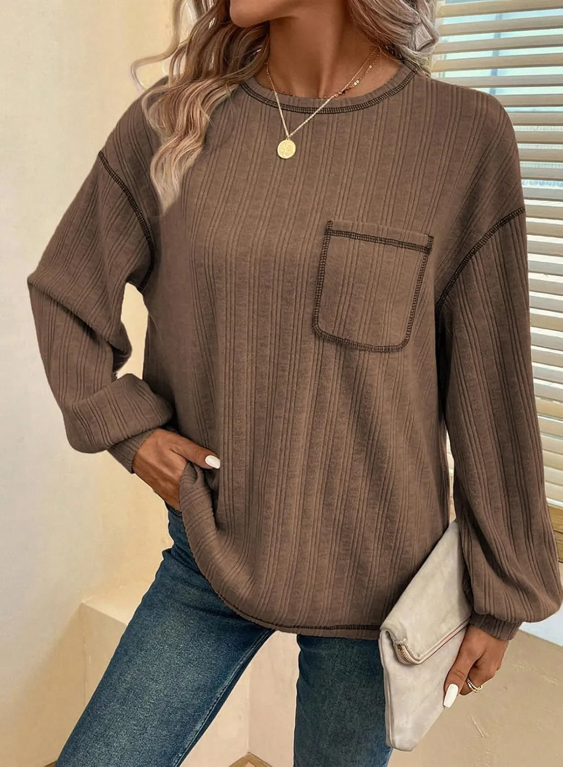 Dokotoo Long Sleeve Shirts for Women 2025 Casual Solid Crewneck Knitted Loose Fit Pullover Shirts Tops