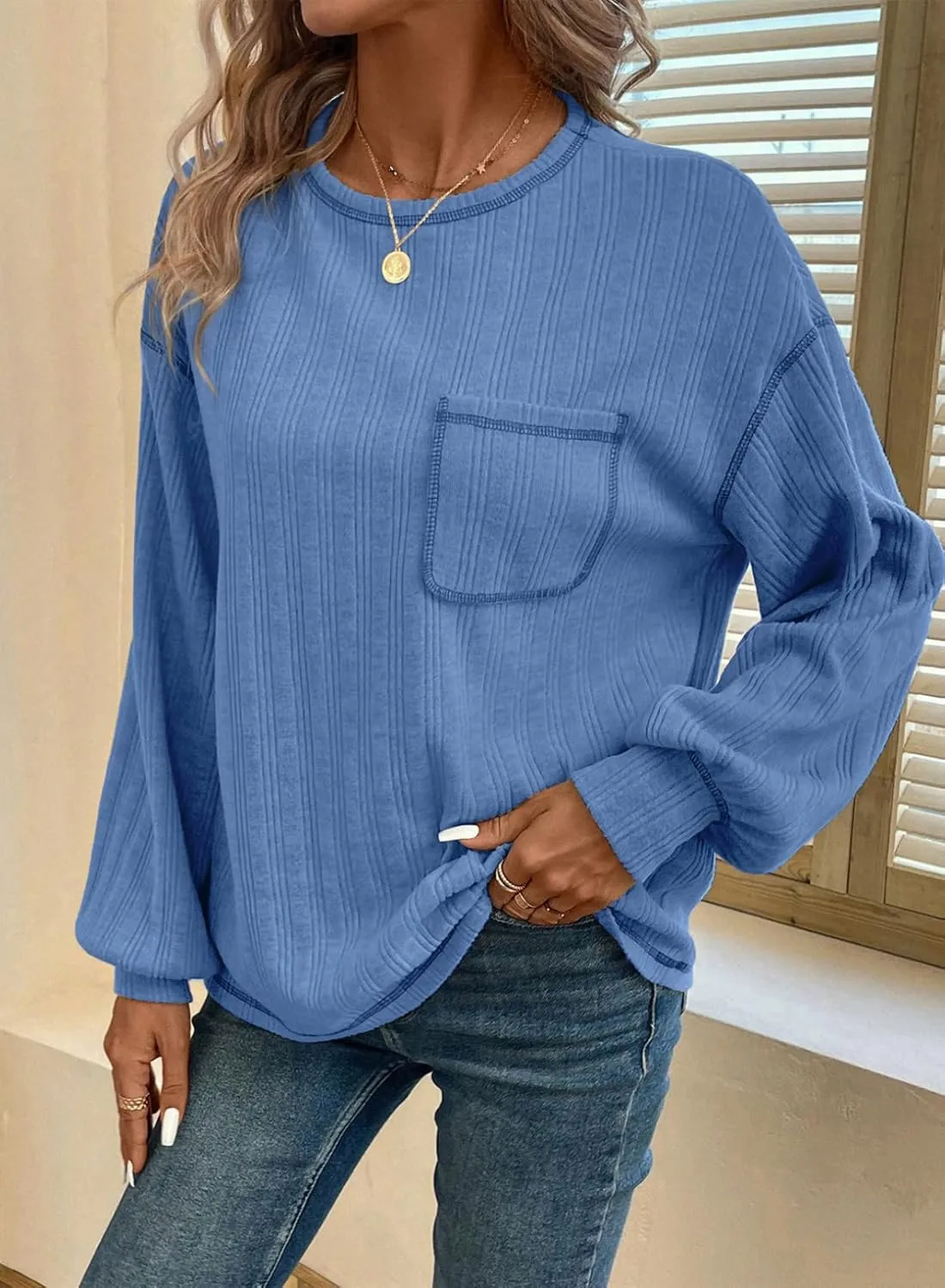 Dokotoo Long Sleeve Shirts for Women 2025 Casual Solid Crewneck Knitted Loose Fit Pullover Shirts Tops