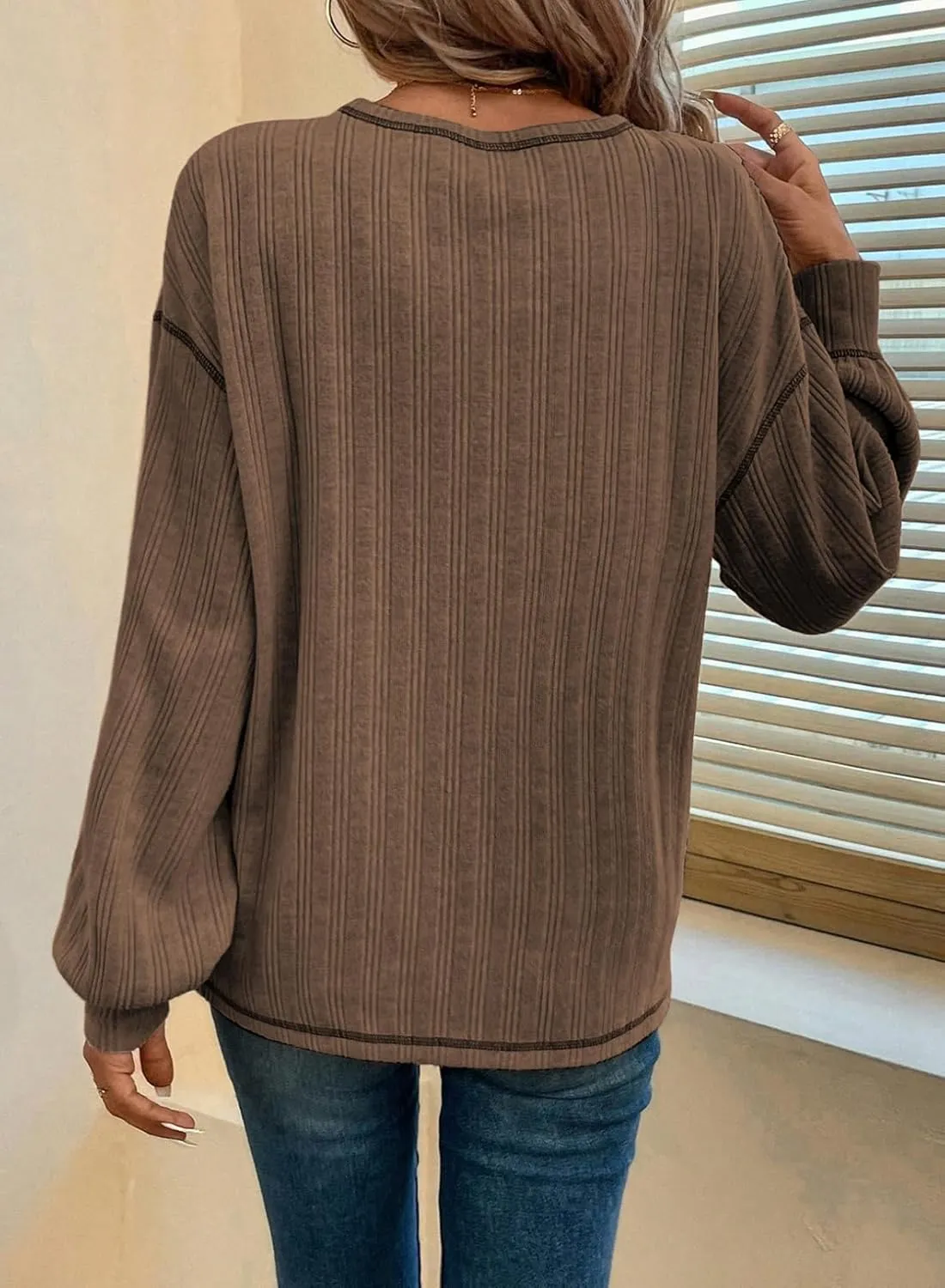 Dokotoo Long Sleeve Shirts for Women 2025 Casual Solid Crewneck Knitted Loose Fit Pullover Shirts Tops