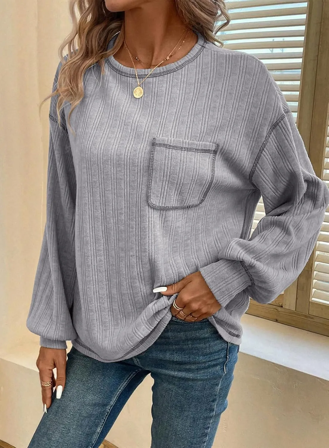 Dokotoo Long Sleeve Shirts for Women 2025 Casual Solid Crewneck Knitted Loose Fit Pullover Shirts Tops