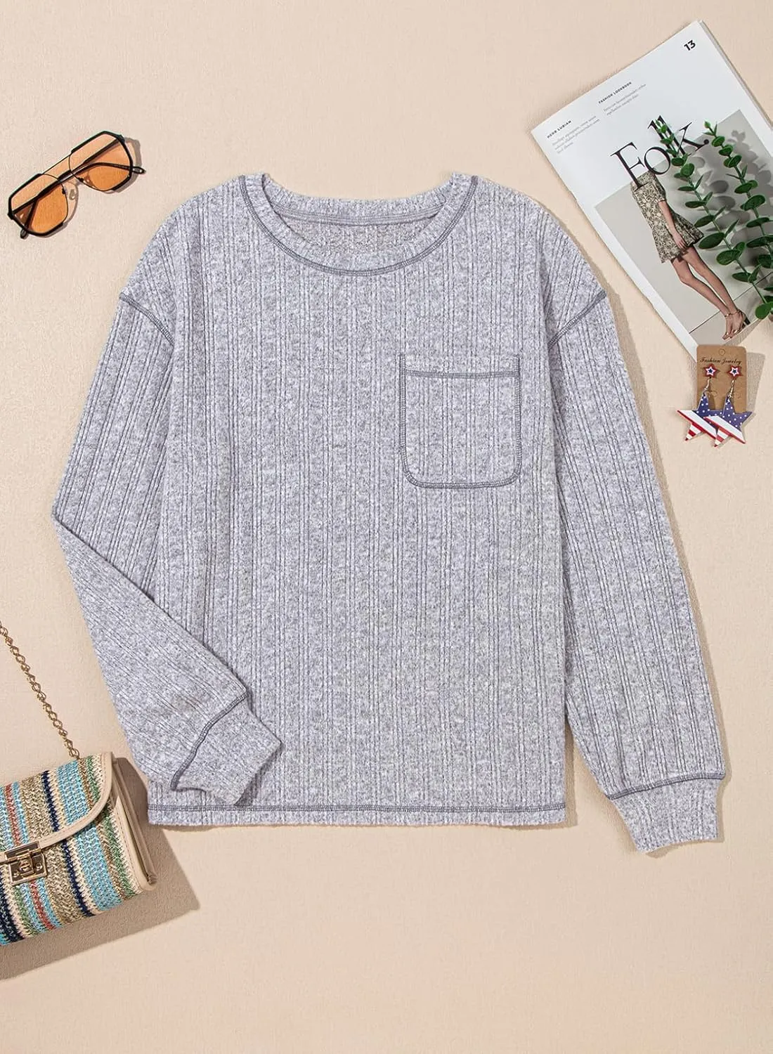 Dokotoo Long Sleeve Shirts for Women 2025 Casual Solid Crewneck Knitted Loose Fit Pullover Shirts Tops