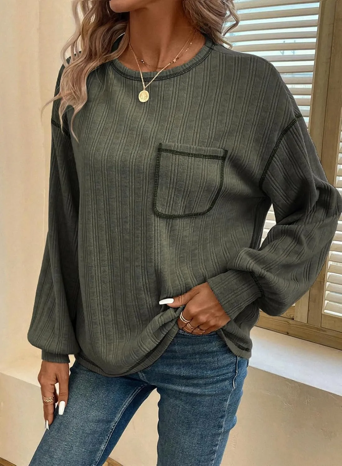 Dokotoo Long Sleeve Shirts for Women 2025 Casual Solid Crewneck Knitted Loose Fit Pullover Shirts Tops