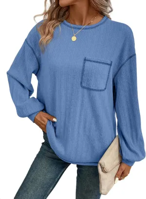 Dokotoo Long Sleeve Shirts for Women 2025 Casual Solid Crewneck Knitted Loose Fit Pullover Shirts Tops