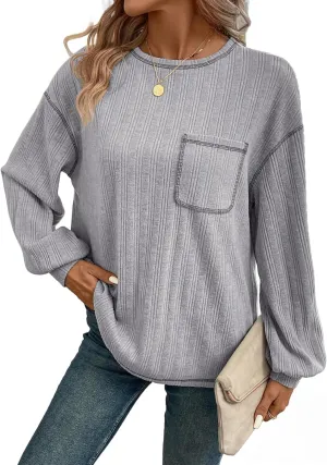Dokotoo Long Sleeve Shirts for Women 2025 Casual Solid Crewneck Knitted Loose Fit Pullover Shirts Tops