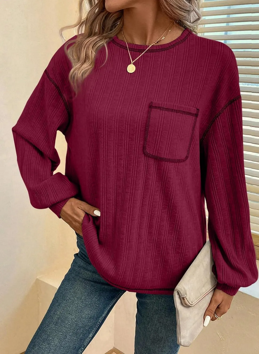 Dokotoo Long Sleeve Shirts for Women 2025 Casual Solid Crewneck Knitted Loose Fit Pullover Shirts Tops