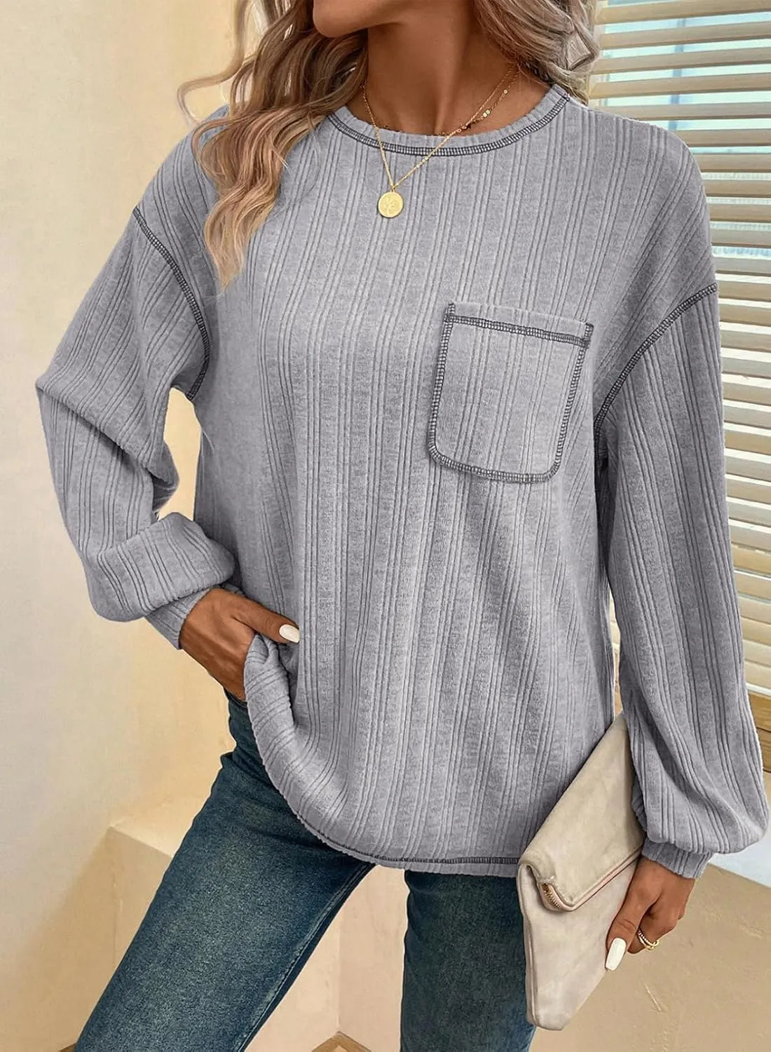 Dokotoo Long Sleeve Shirts for Women 2025 Casual Solid Crewneck Knitted Loose Fit Pullover Shirts Tops