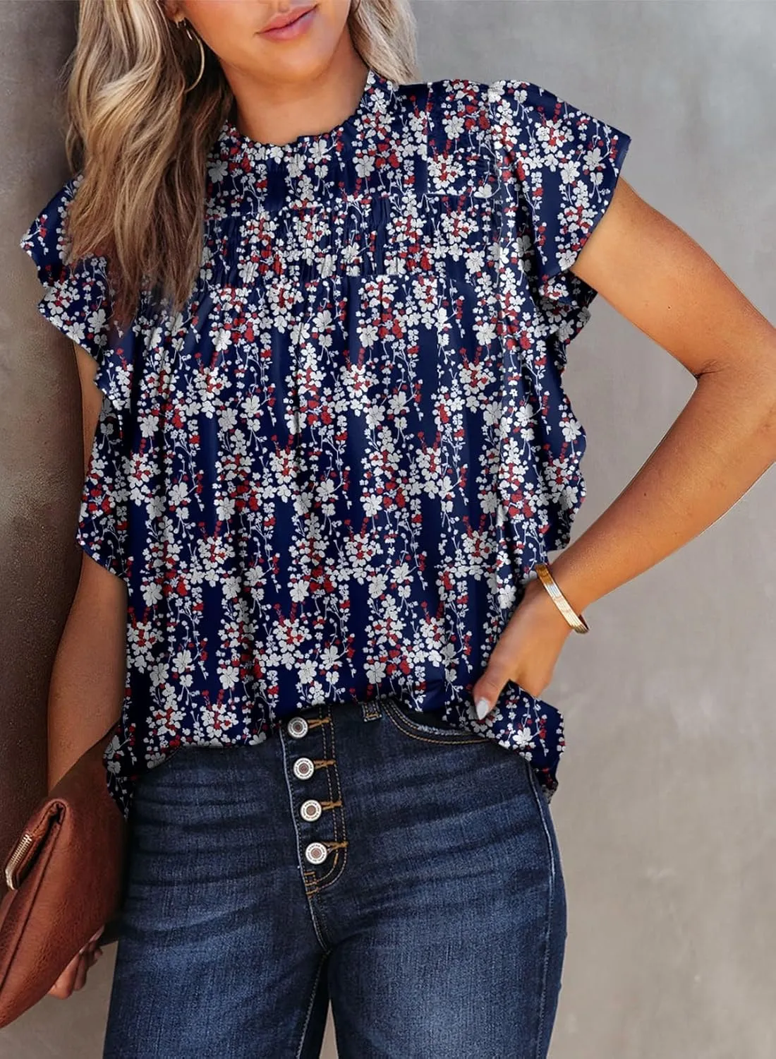 Dokotoo Womens Summer Tops Casual Crewneck Floral Print Shirts Smocked Ruffle Short Sleeve Babydoll Blouses