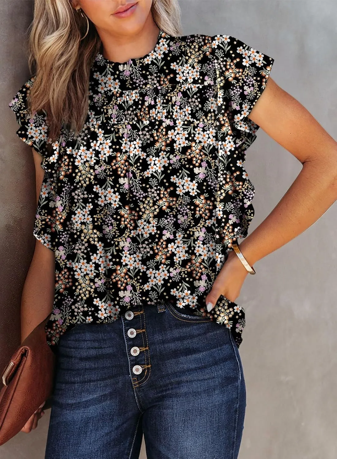 Dokotoo Womens Summer Tops Casual Crewneck Floral Print Shirts Smocked Ruffle Short Sleeve Babydoll Blouses