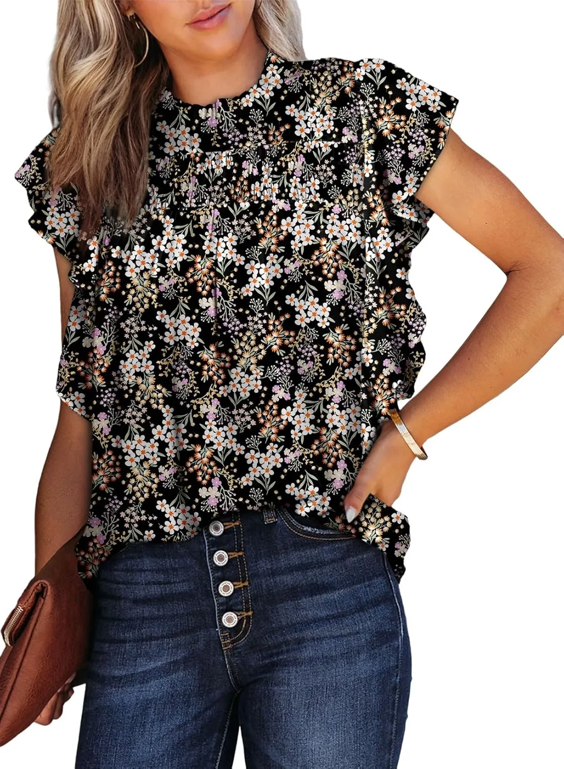 Dokotoo Womens Summer Tops Casual Crewneck Floral Print Shirts Smocked Ruffle Short Sleeve Babydoll Blouses