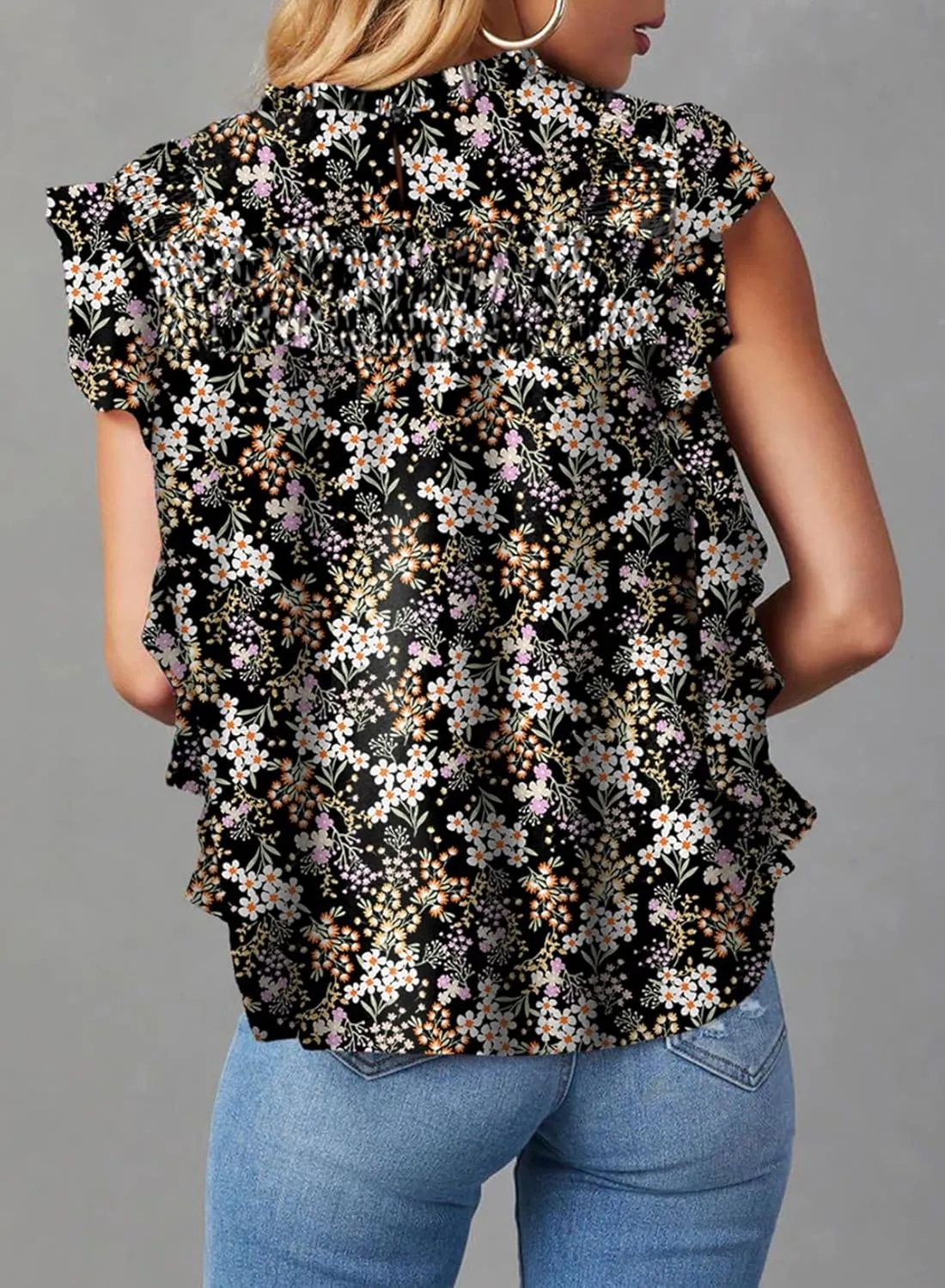 Dokotoo Womens Summer Tops Casual Crewneck Floral Print Shirts Smocked Ruffle Short Sleeve Babydoll Blouses