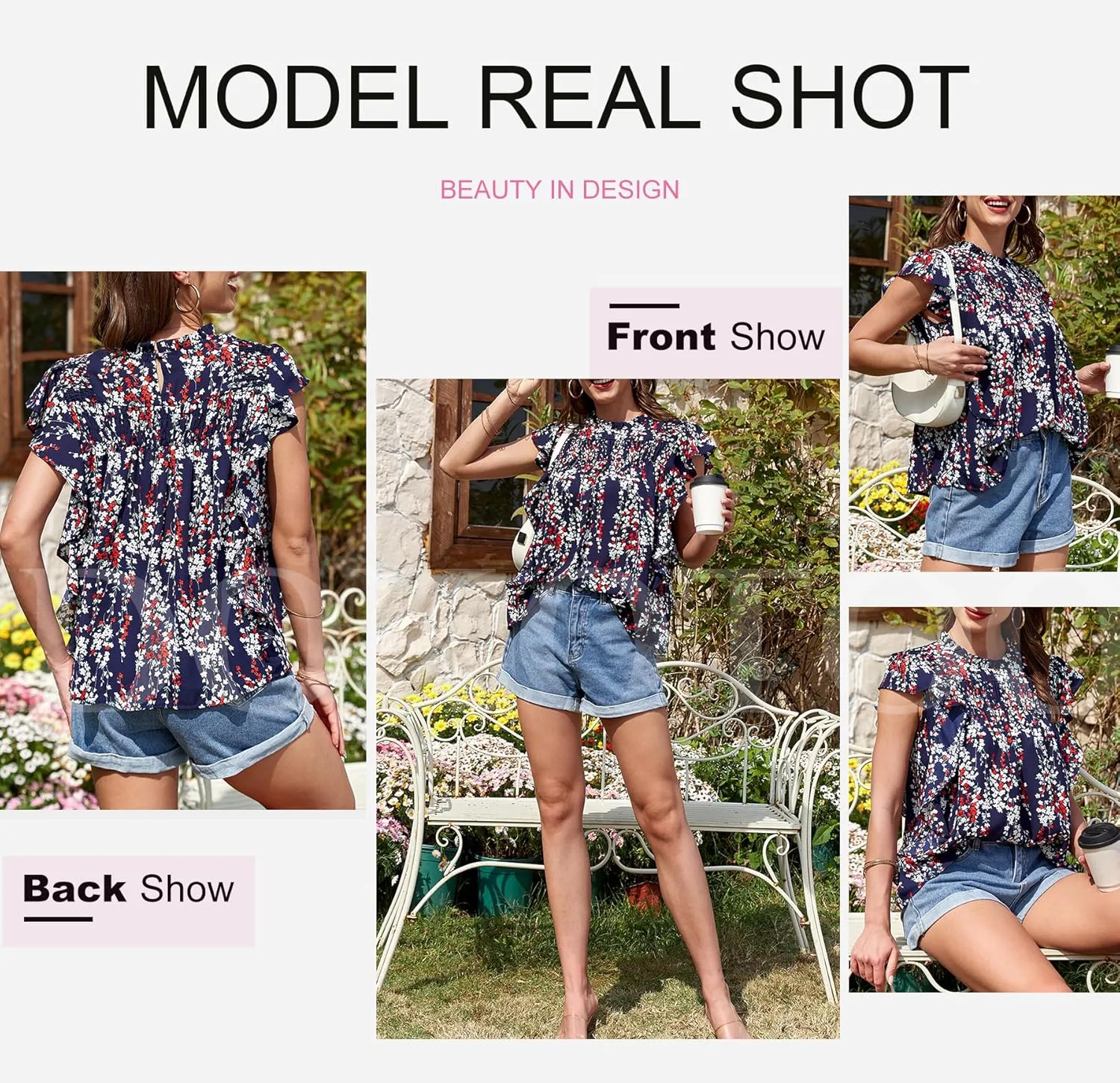 Dokotoo Womens Summer Tops Casual Crewneck Floral Print Shirts Smocked Ruffle Short Sleeve Babydoll Blouses