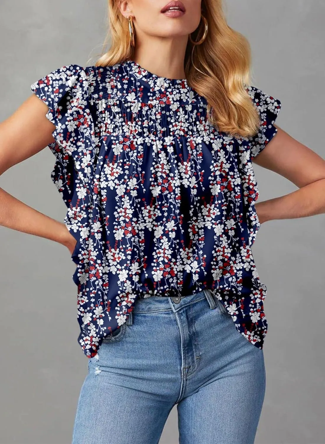 Dokotoo Womens Summer Tops Casual Crewneck Floral Print Shirts Smocked Ruffle Short Sleeve Babydoll Blouses