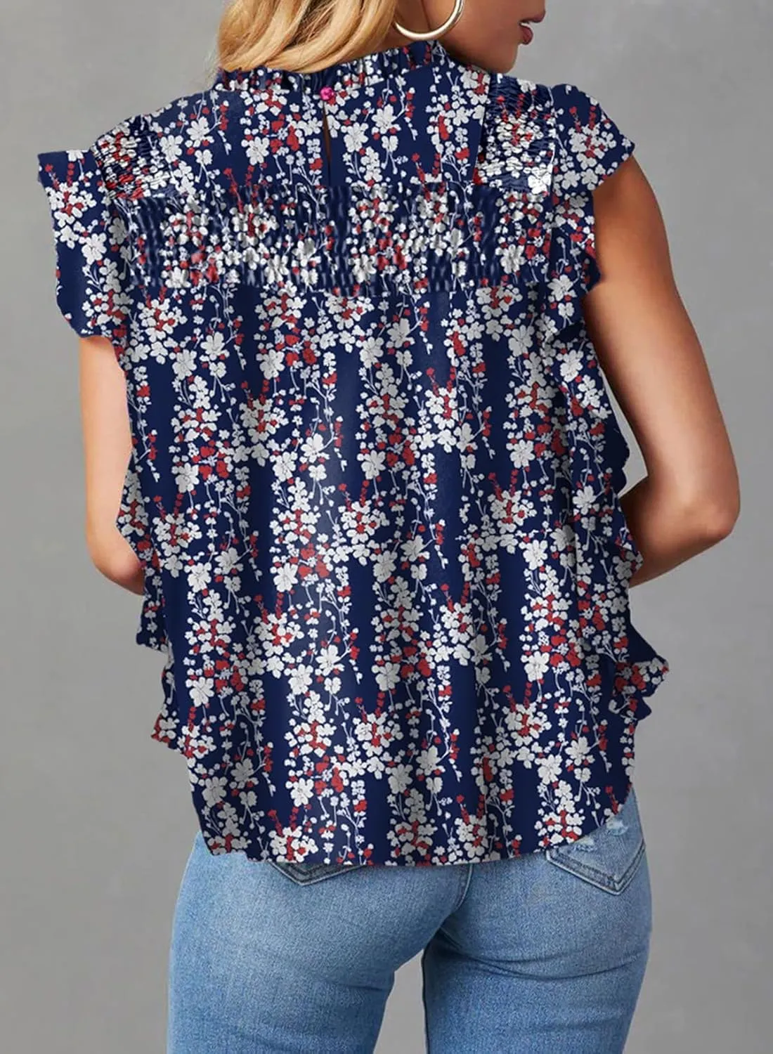 Dokotoo Womens Summer Tops Casual Crewneck Floral Print Shirts Smocked Ruffle Short Sleeve Babydoll Blouses
