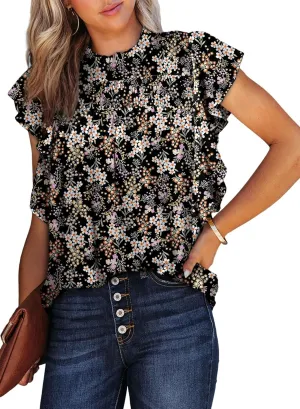 Dokotoo Womens Summer Tops Casual Crewneck Floral Print Shirts Smocked Ruffle Short Sleeve Babydoll Blouses
