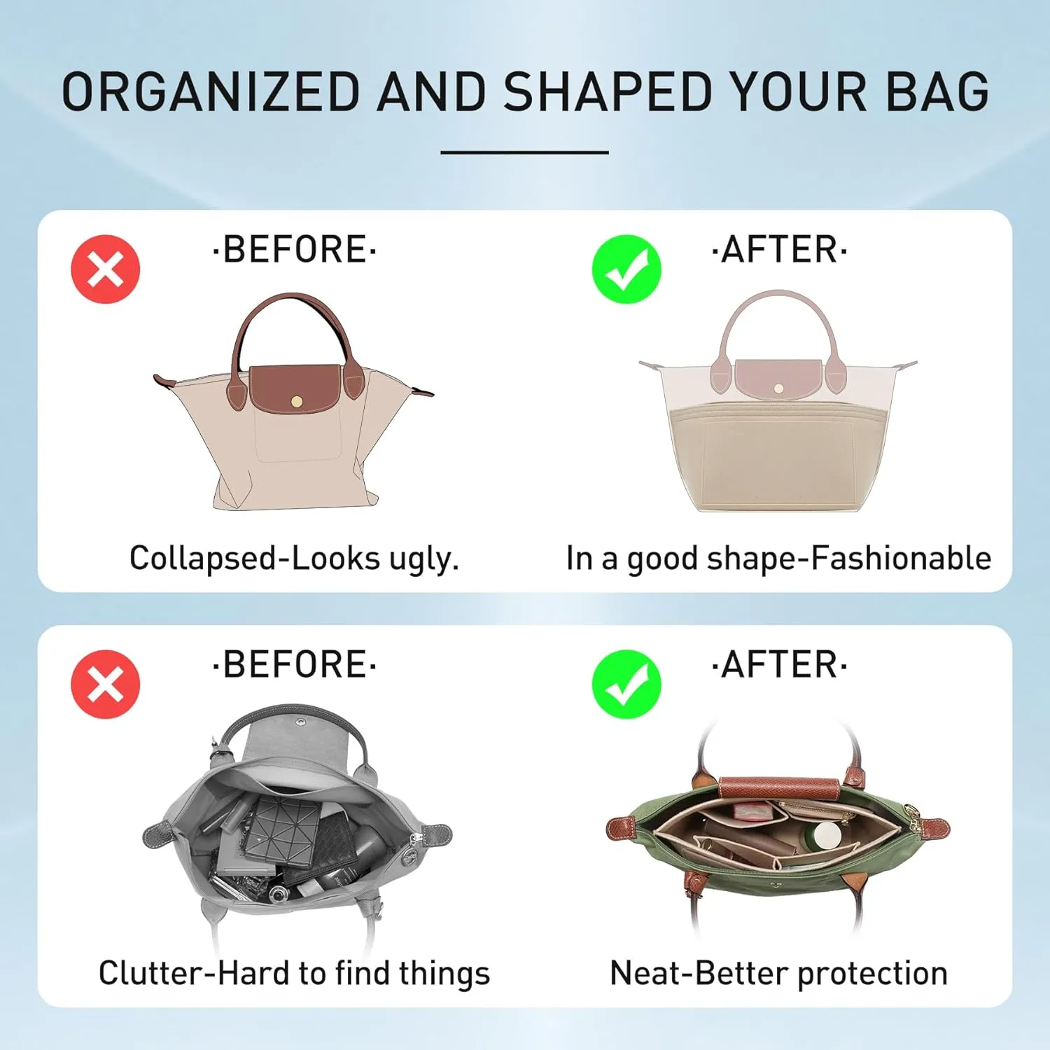 Doxo Longchamp Organizer Insert Medium,Bag Organizer Suitable for Le pliage,Keeps Tote Handbags Shaped& Neat (Gold Brown,M)