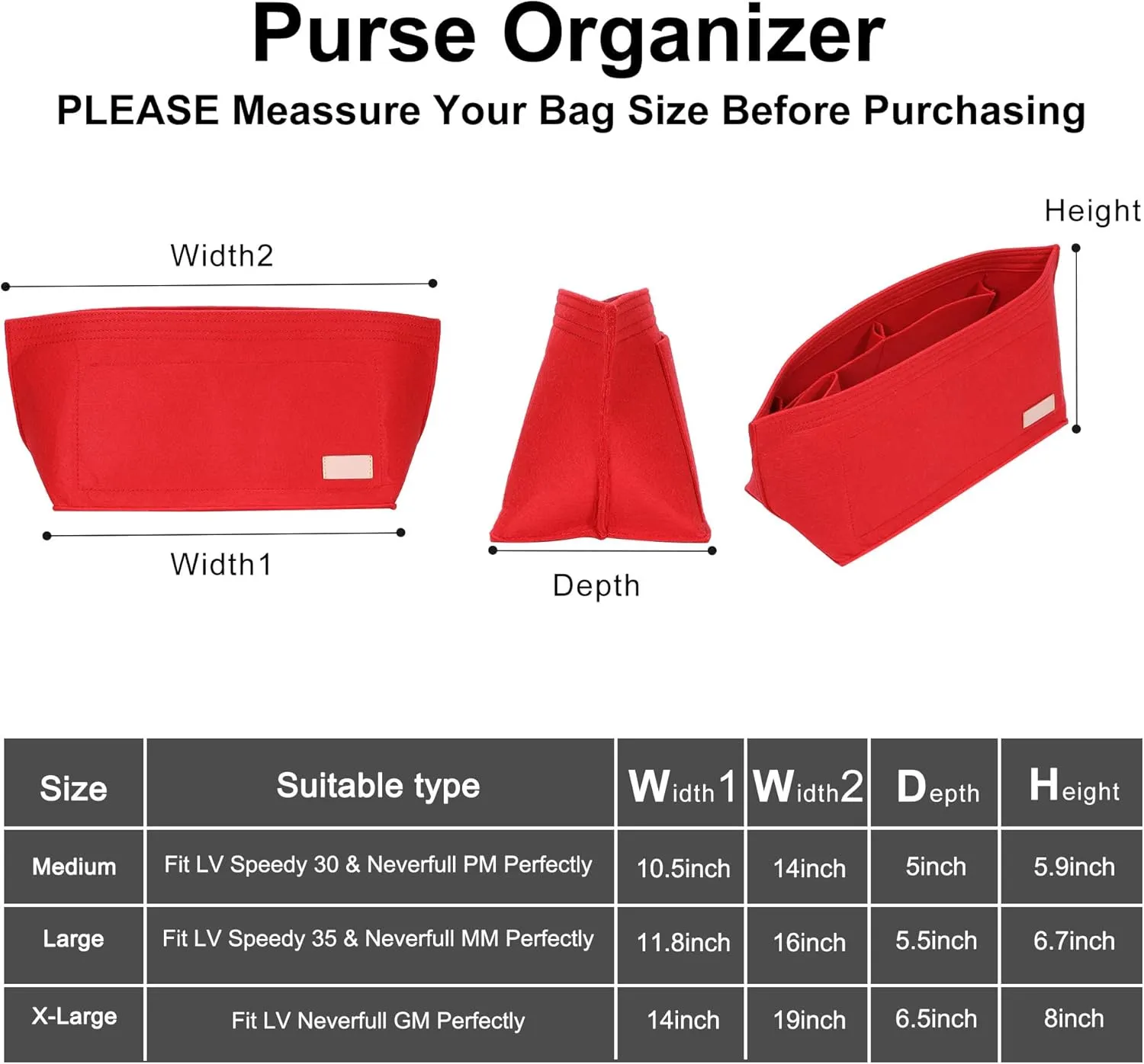 Doxo Purse Organizer Insert for Handbags & Base Shaper 2pc Set,Felt Organizer Insert Large Tote,Bag Organizer with Zipper 7 Sizes,Fit Speedy Neverfull MM/City33 and More(Red-L-Combination)