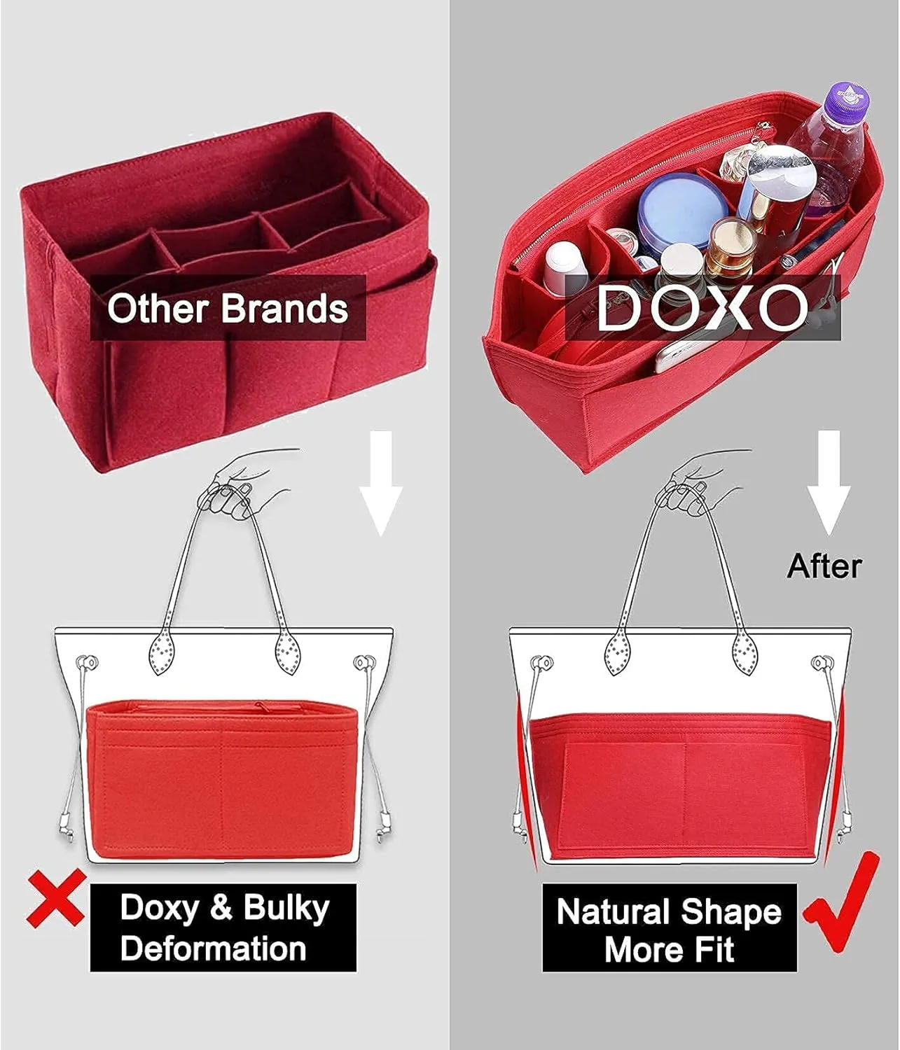 Doxo Purse Organizer Insert for Handbags & Base Shaper 2pc Set,Felt Organizer Insert Large Tote,Bag Organizer with Zipper 7 Sizes,Fit Speedy Neverfull MM/City33 and More(Red-L-Combination)