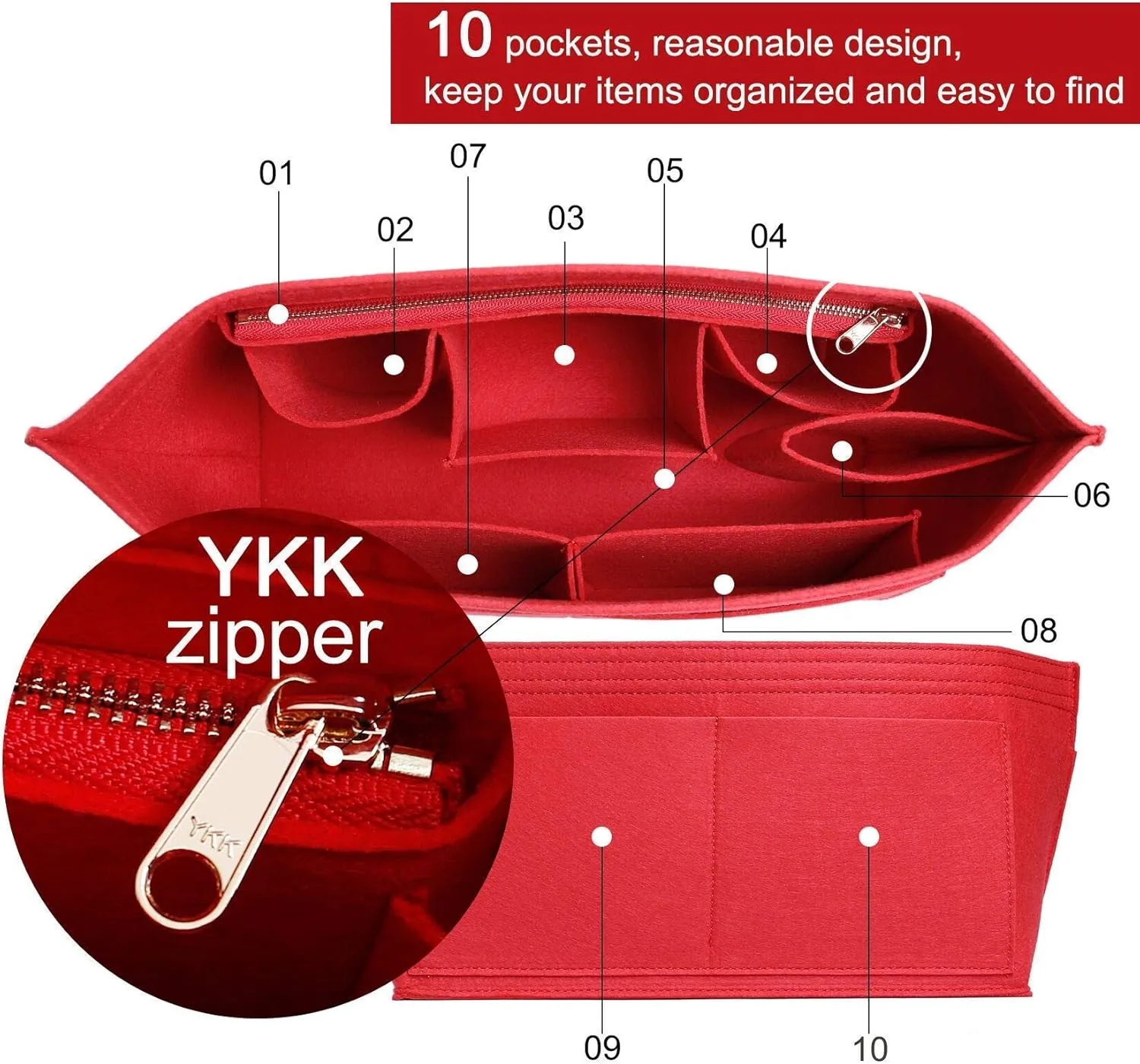 Doxo Purse Organizer Insert for Handbags & Base Shaper 2pc Set,Felt Organizer Insert Large Tote,Bag Organizer with Zipper 7 Sizes,Fit Speedy Neverfull MM/City33 and More(Red-L-Combination)