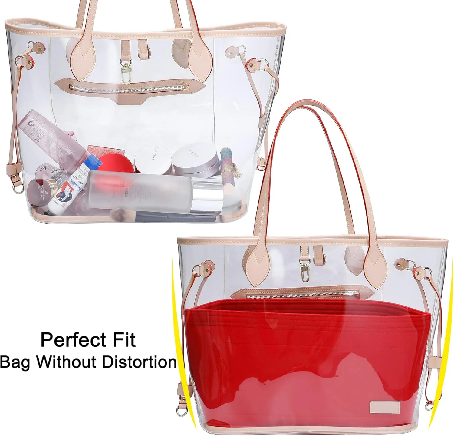 Doxo Purse Organizer Insert for Handbags & Base Shaper 2pc Set,Felt Organizer Insert Large Tote,Bag Organizer with Zipper 7 Sizes,Fit Speedy Neverfull MM/City33 and More(Red-L-Combination)