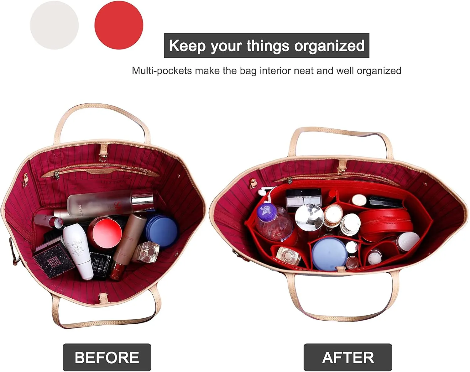 Doxo Purse Organizer Insert for Handbags & Base Shaper 2pc Set,Felt Organizer Insert Large Tote,Bag Organizer with Zipper 7 Sizes,Fit Speedy Neverfull MM/City33 and More(Red-L-Combination)