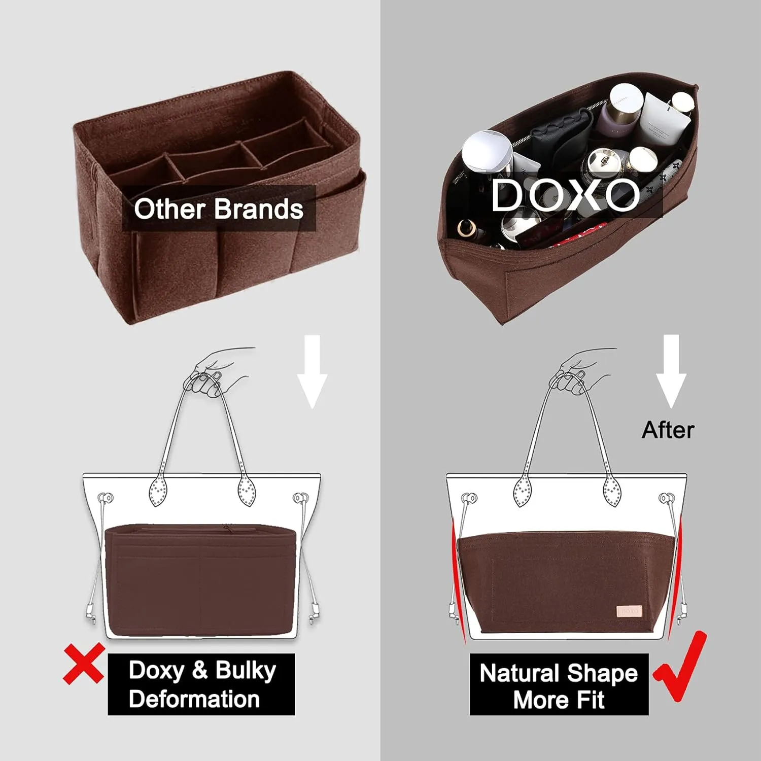 Doxo Purse Organizer Insert for Handbags Tote Felt Bag Organizers Compatible with CIity33 Neverfull MM (Large-Brown)