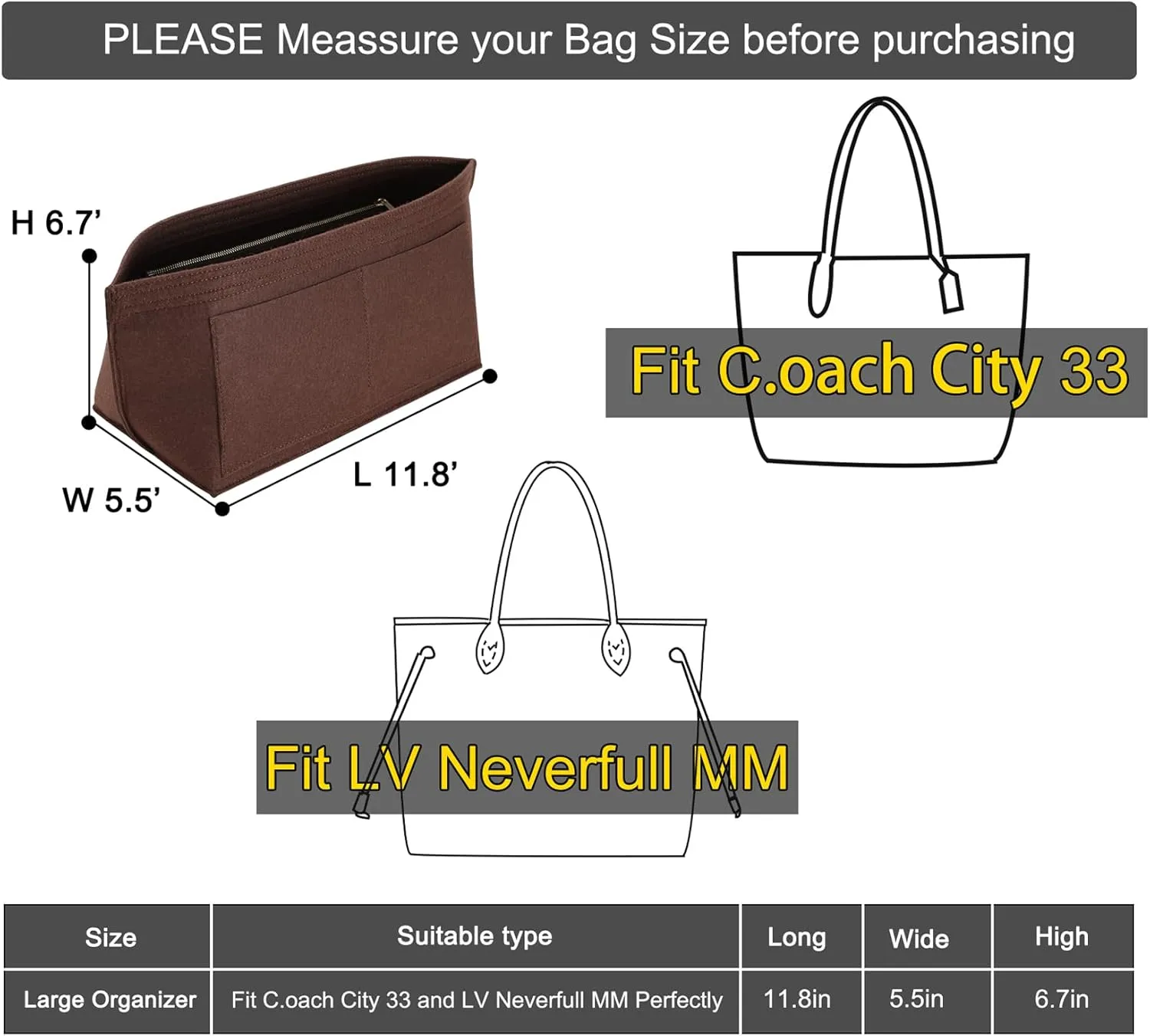 Doxo Purse Organizer Insert for Handbags Tote Felt Bag Organizers Compatible with CIity33 Neverfull MM (Large-Brown)