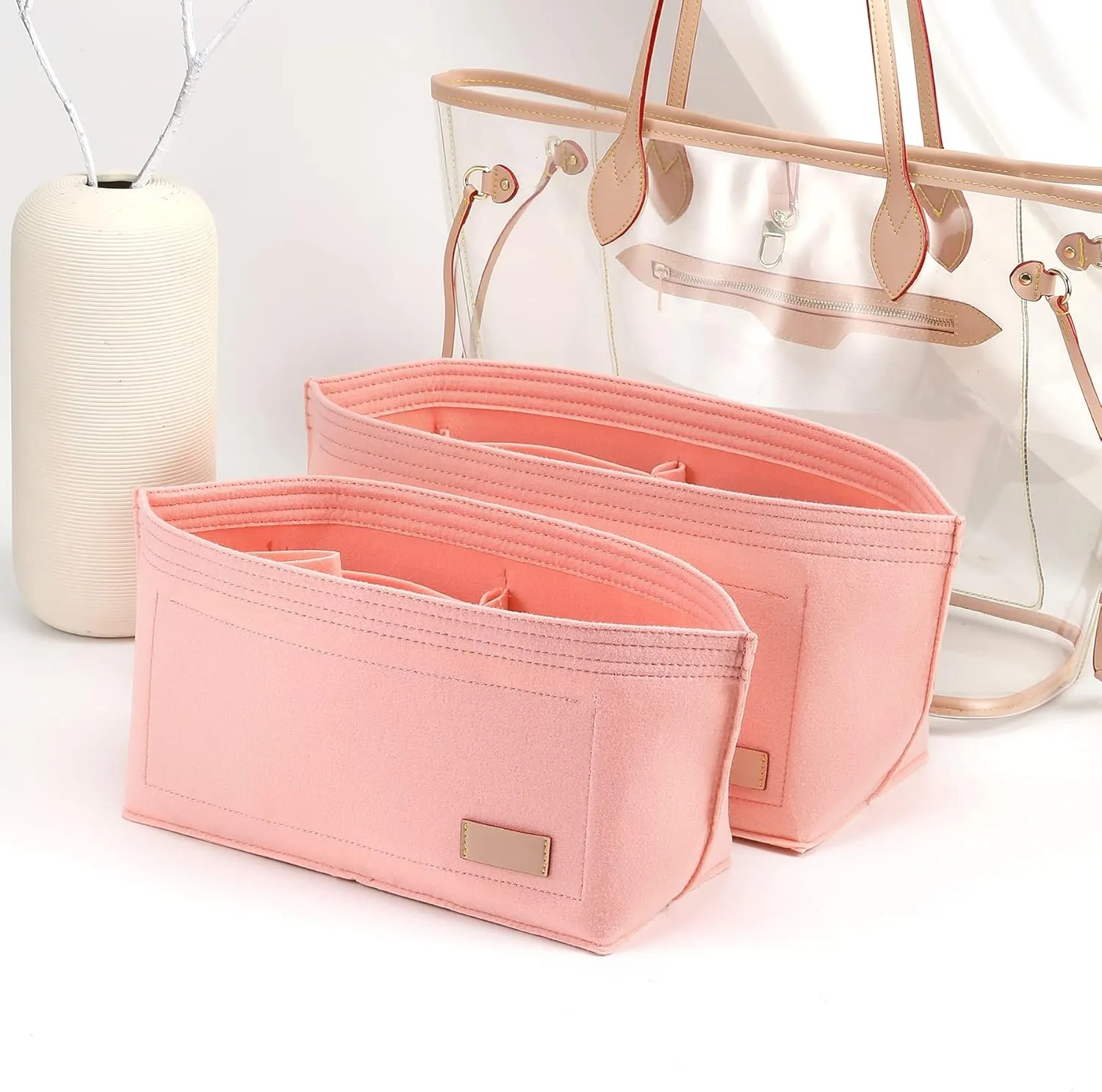 Doxo Purse Organizer Insert Handbags &Tote Felt Bag Fit for LV Speedy 35 and Neverfull MM (Pink-Large-Combination)