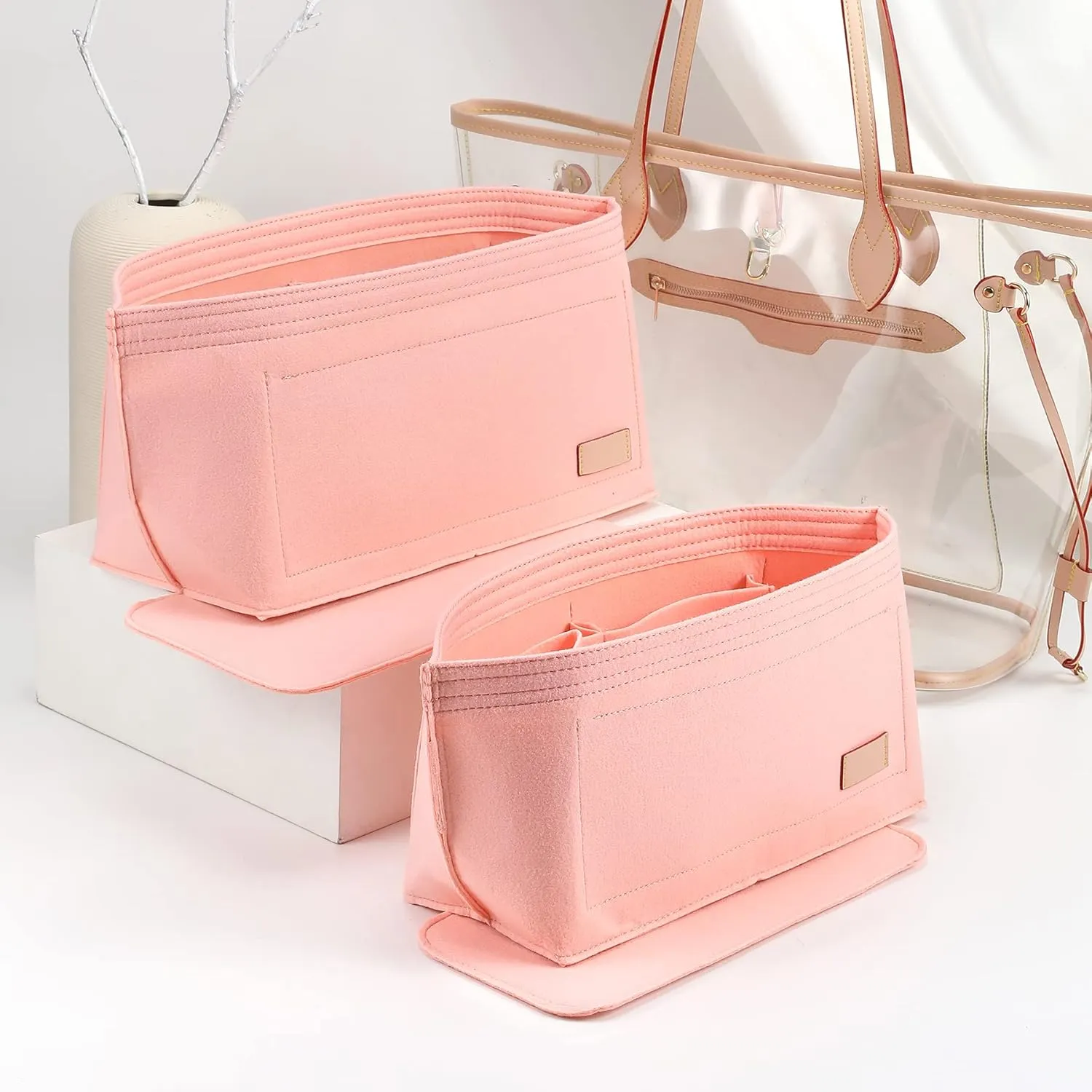 Doxo Purse Organizer Insert Handbags &Tote Felt Bag Fit for LV Speedy 35 and Neverfull MM (Pink-Large-Combination)