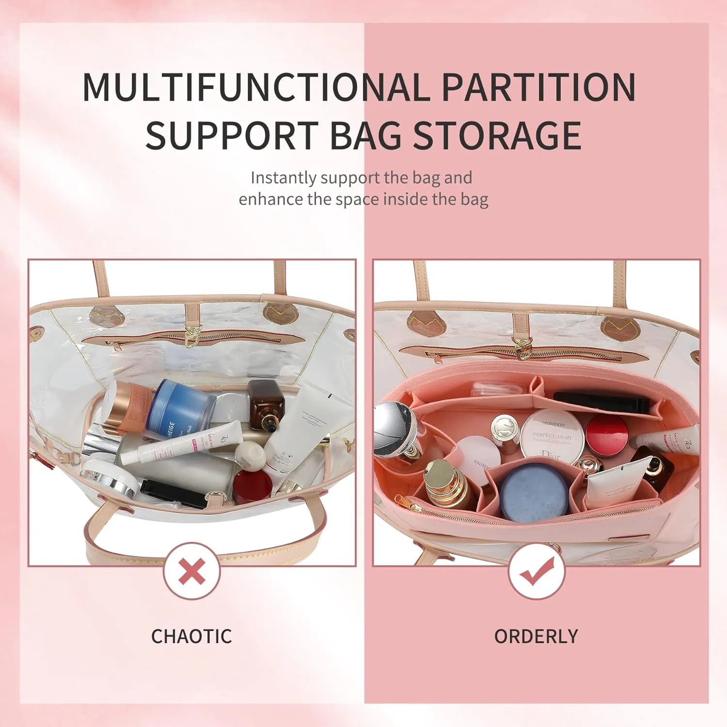 Doxo Purse Organizer Insert Handbags &Tote Felt Bag Fit for LV Speedy 35 and Neverfull MM (Pink-Large-Combination)