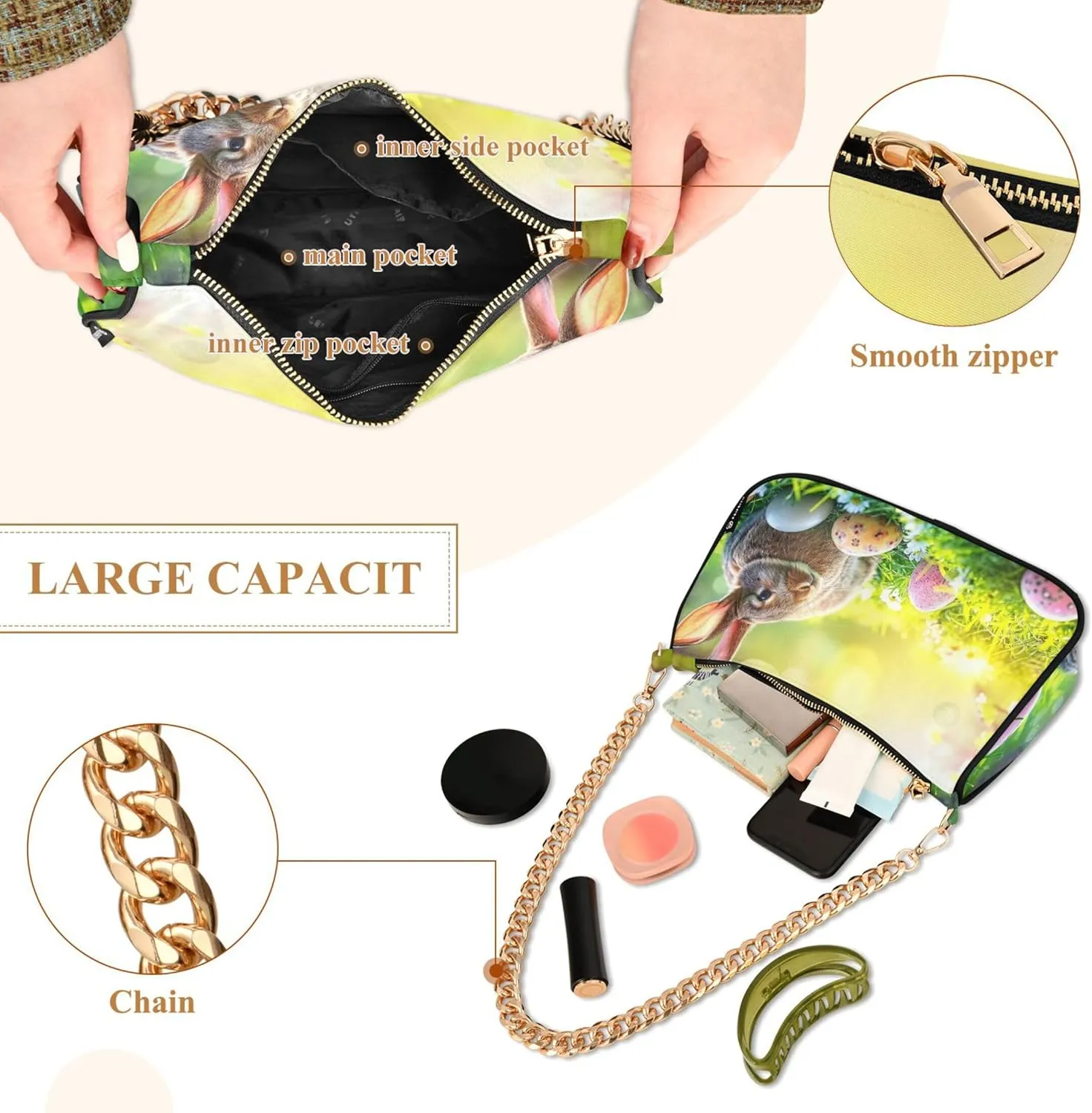 Easter Eggs Rabbit Meadow Cute Purses Women Hobo Party Purse Women Small Cute Handbags Cartoon Small Shoulder Bag