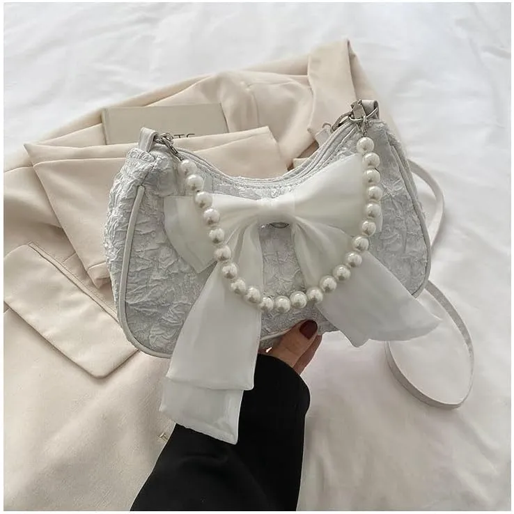 Elegant Women's Pearl - Accented Handbags，The Enchanting Vintage Bow - Tie Cross - Body Bag, Functioning as a Multifunctional