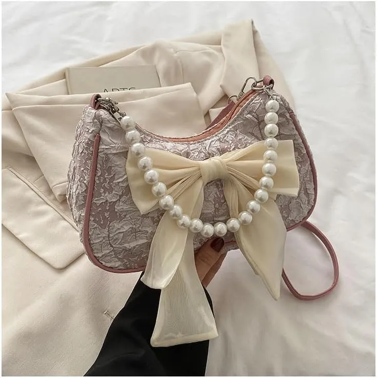 Elegant Women's Pearl - Accented Handbags，The Enchanting Vintage Bow - Tie Cross - Body Bag, Functioning as a Multifunctional